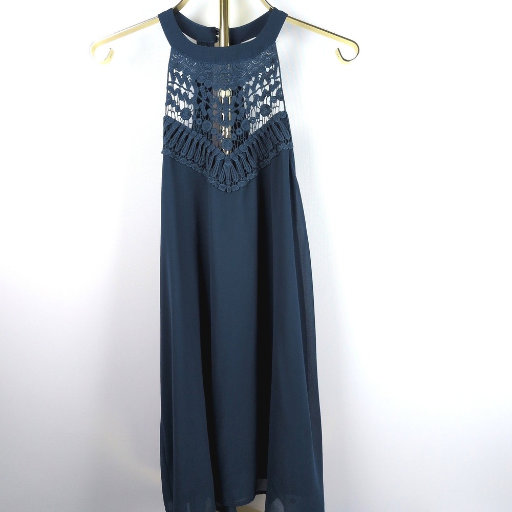 Altar'd State Women S Mini Dress Dark Teal Crochet Lace Halter Boho Chiffon